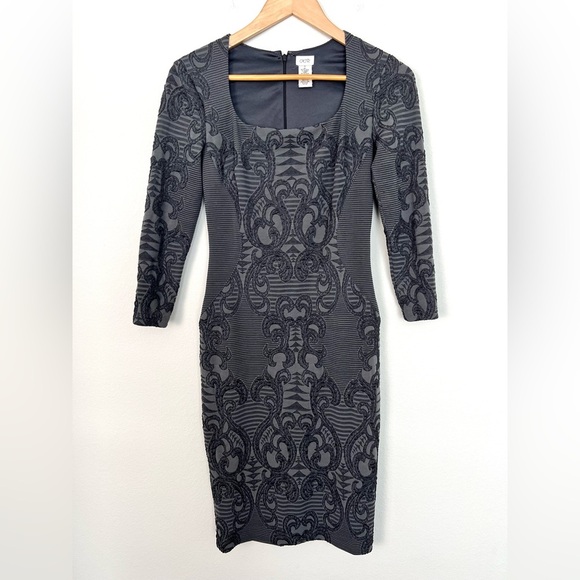 Vintage 90s Y2K Brocade Print Stretchy Knit Bodycon Mini Dress Gray Size Small - Picture 1 of 7
